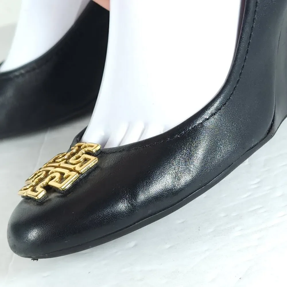 Tory Burch Women’s Melinda US 8M Black Leather Logo Slip On Wedge Pumps Shoes